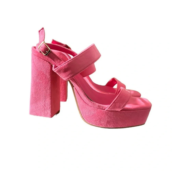 syztsho Women's Platform Heels Ankle Strap Sandals Peep Toe Suede - Picture 4 of 5